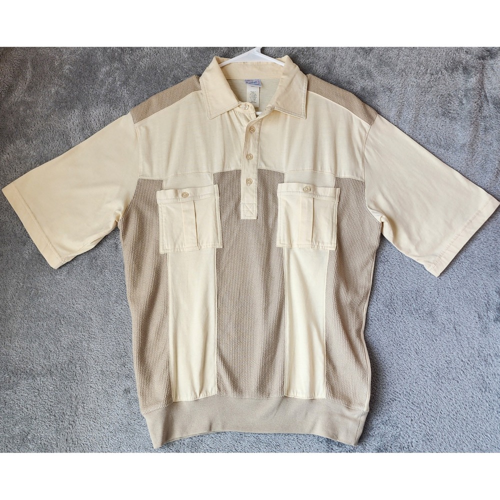Haband Casual Joe Polo Shirt Mens Medium Tan Mixed Media Textured Pockets